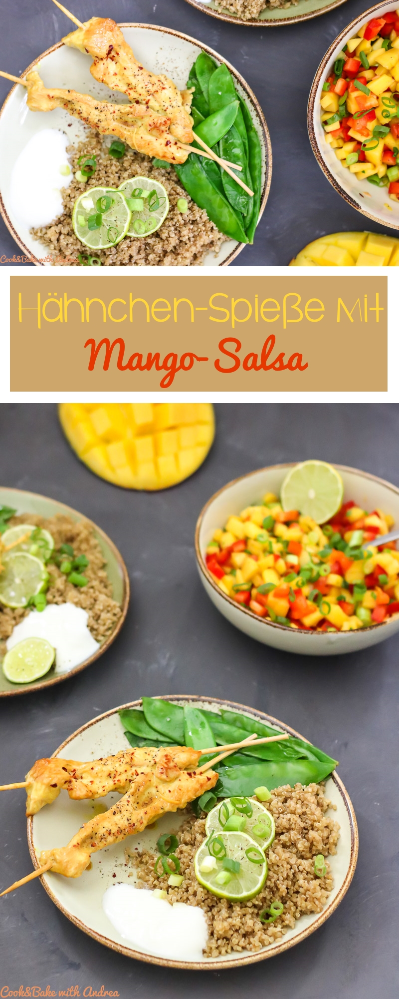 MiMit meinen Hähnchen-Spießen mit Mango Salsa geht es nach Indonesien und einen kleinen Abstecher in die Anden machen wir auch. Diese Hähnchen-Saté werden begleitet von etwas Quinoa, Zuckererbsen und einer selbstgemachten Salsa aus Paprika und Mango. Das Rezept gibt es bei Cook and Bake with Andrea.