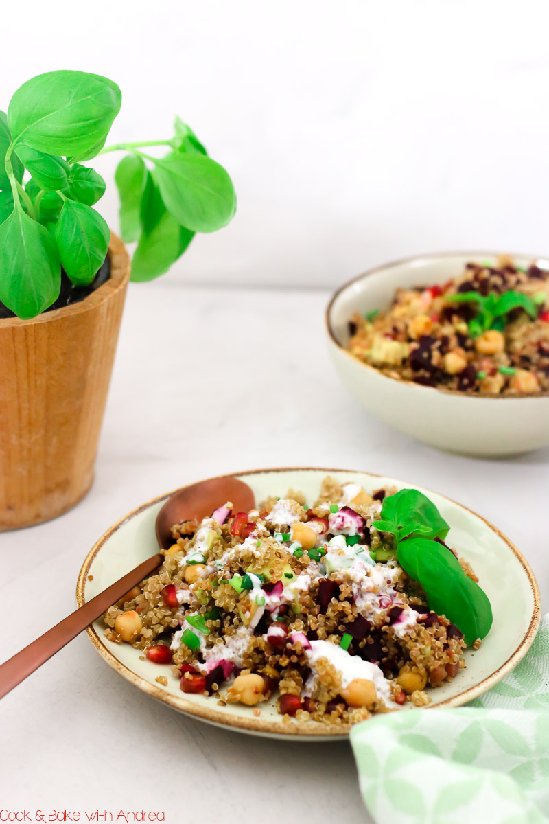 Heute entführe ich euch auf einem fliegenden Teppich in den Orient! Denn es gibt einen orientalischen Quinoasalat mit Roter Bete. Fliegst du mit? Dann landen wir gemeinsam auf dem Blog von Cook and Bake with Andrea.