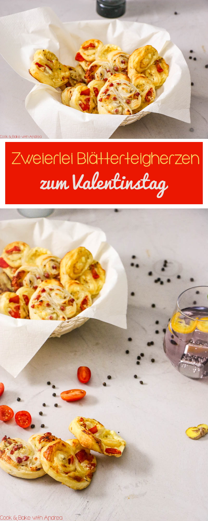 Der Valentinstag steht vor der Tür und um eurem liebsten Menschen eine Freude zu machen, habe ich heute für euch zweierlei Blätterteigherzen und einen Liebestrank. Liebe geht schließlich durch den Magen und Cook & Bake with Andrea hat die passenden Rezepte für euch!